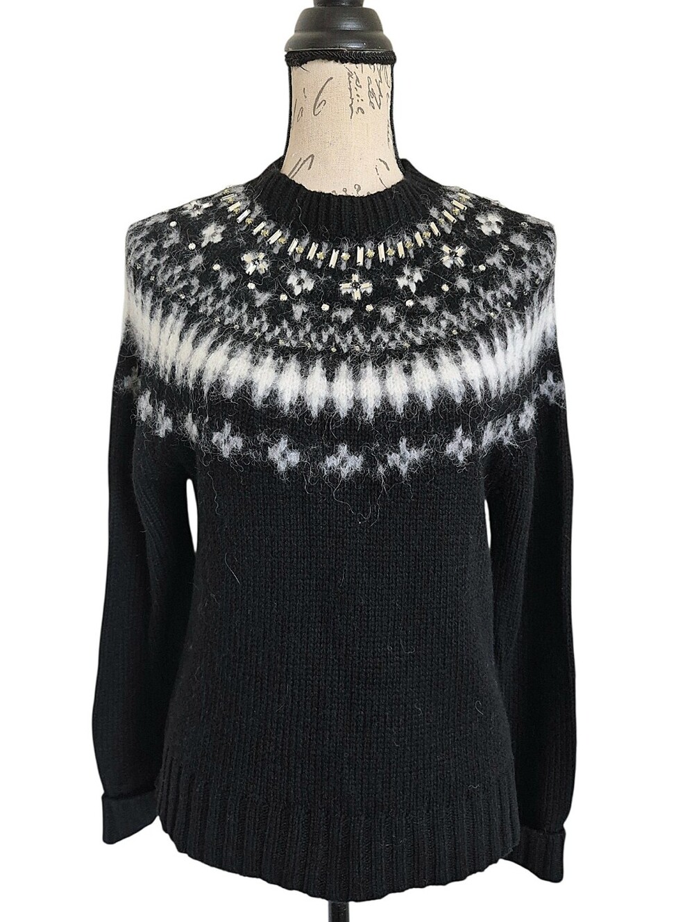 J. Crew Fair Isle Wool Blend Jeweled Sweater S Black Embellished Crewneck NWT